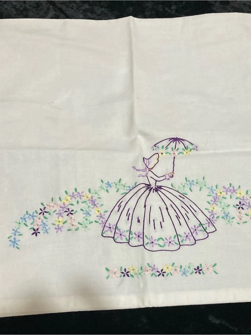 Vintage  Pillowcase w Embroidered Lady and Floral Details Southern Bell 21x17”